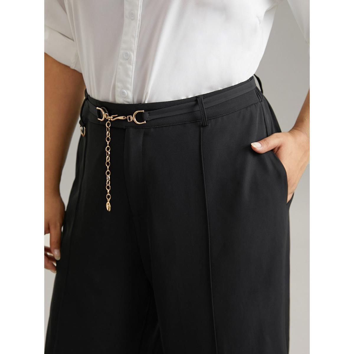 Plus Size Static-Free Elastic Waist Chain Belted Pleated Pants Women Black Office Straight Leg High Rise Work Pants BloomChic 30/6X Product Image