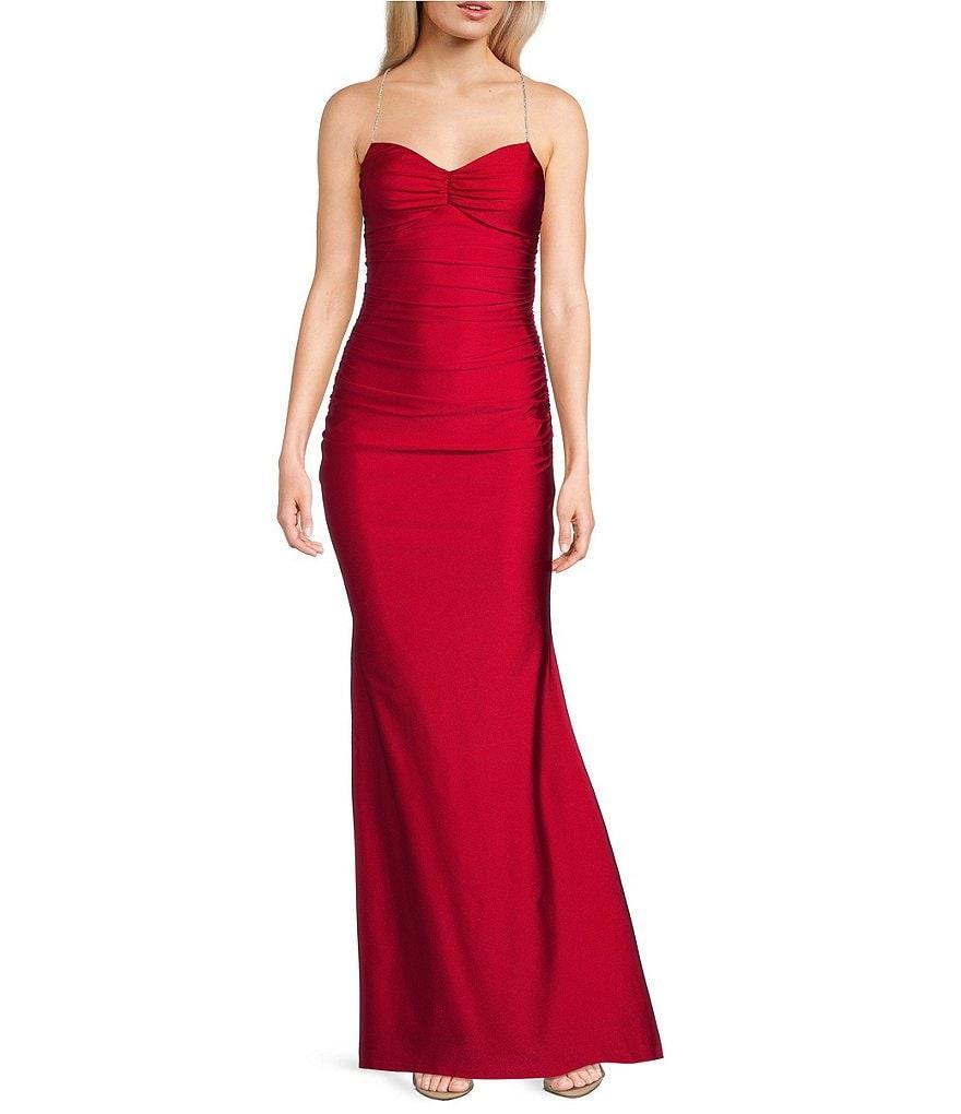 Midnight Doll Jersey Knit Satin V-Neck Sleeveless Rhinestone Strap Lace Up Back Side Slit Dress Product Image