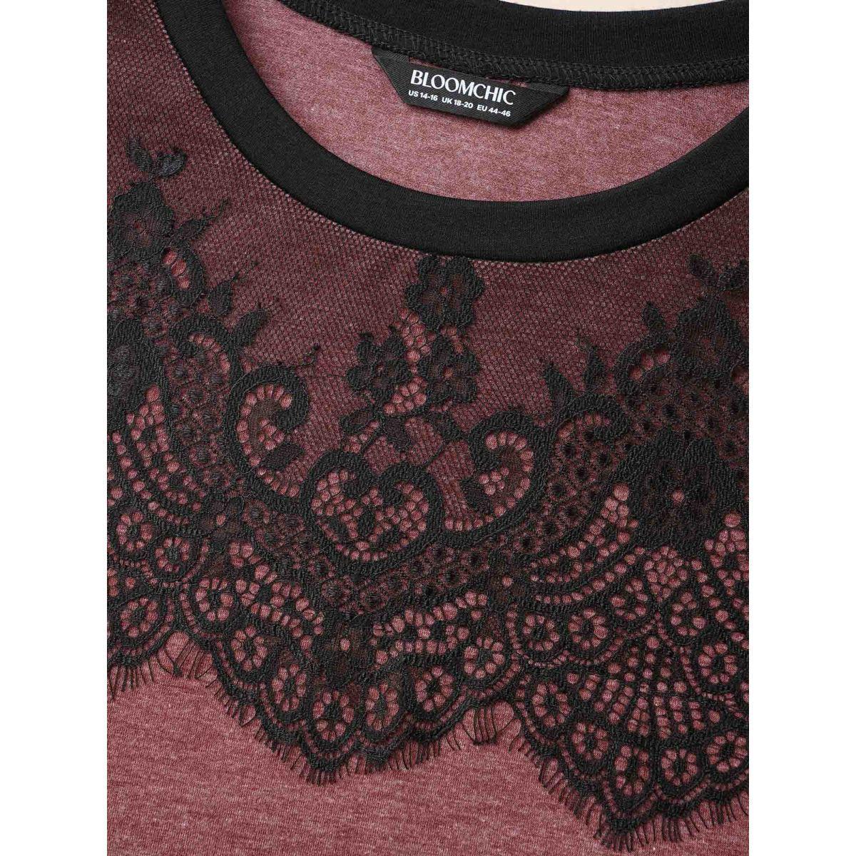 Plus Size Stretchy Scalloped Lace Color Contrast T-Shirt Russet Women Elegant Contrast Round Neck Everyday T-shirts BloomChic 18-20/2X Product Image