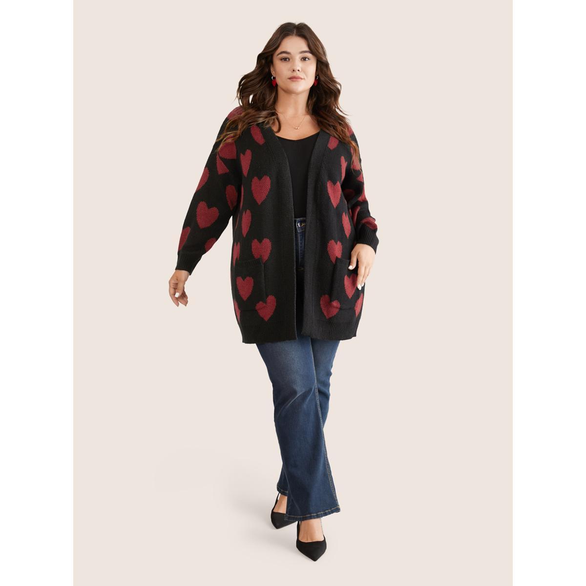 Plus Size Heart Geometric Contrast Pocket Cardigan Black Women Casual Long Sleeve Everyday Cardigans BloomChic 10/M Product Image
