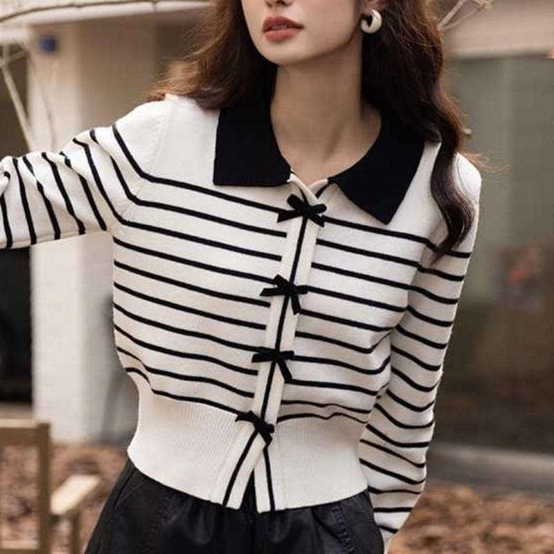 Collar Striped Bow Cardigan Product Image
