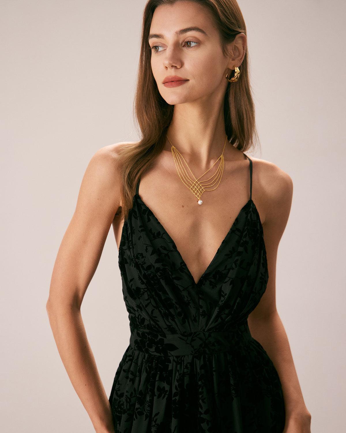 The Black Floral Flocked Mesh Slit Maxi Dress Product Image