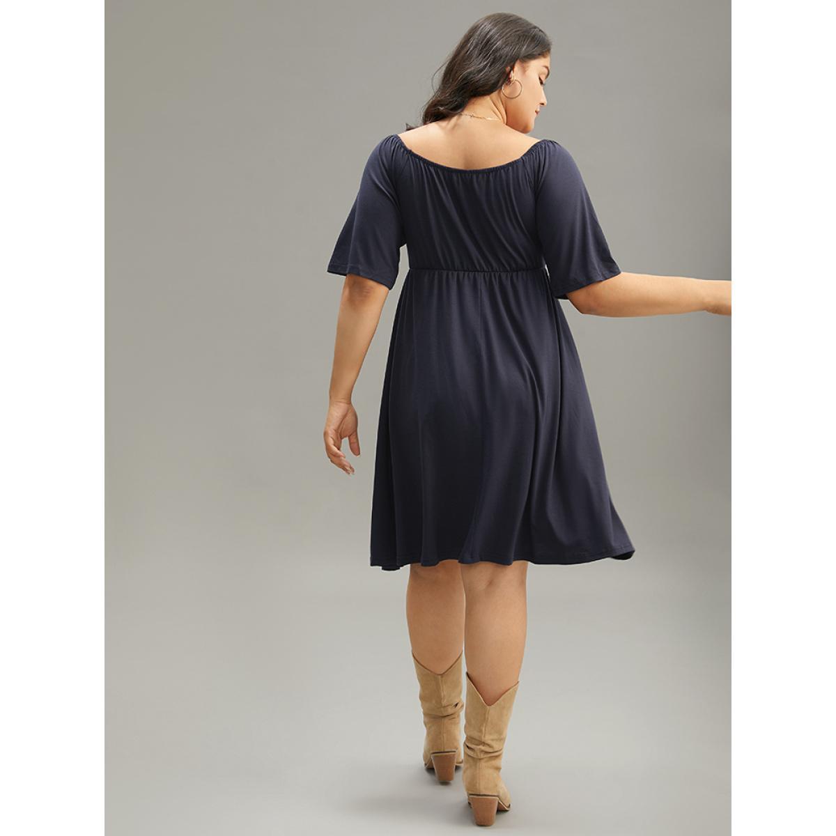 Plus Size Supersoft Essentials Striped Patchwork Pocket Gathered Square Neck Dress Indigo Women Casual Gathered Square Neck Short sleeve Curvy Midi Dress BloomChic 18-20/2X Product Image