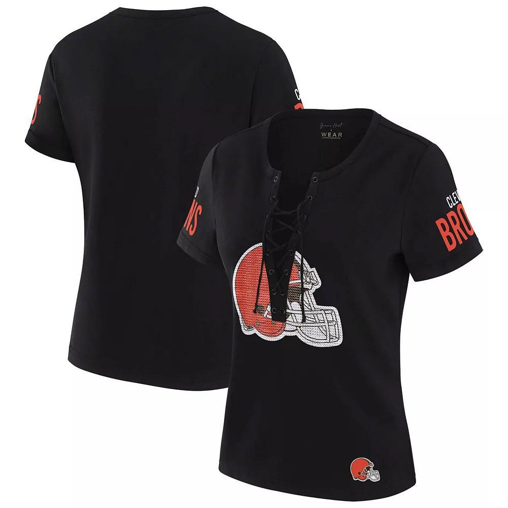 Women's WEAR by Erin Andrews x Gracie Hunt Black Cleveland Browns Draft Me Lace-Up T-Shirt, Size: XL Product Image