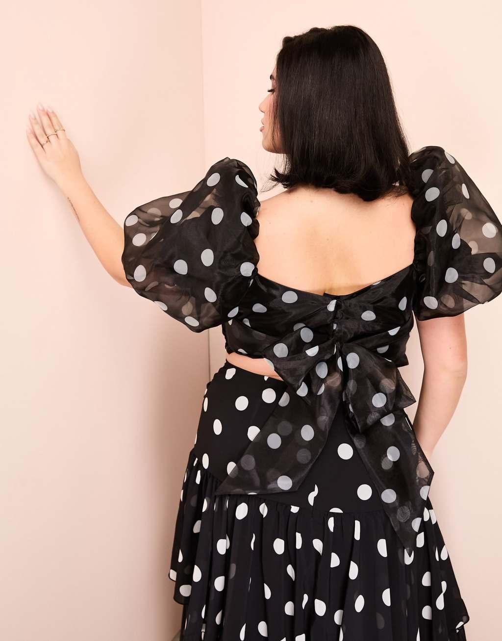 ASOS LUXE Curve organza puff sleeve polka dot top with bow back in monochrome - part of a set Product Image