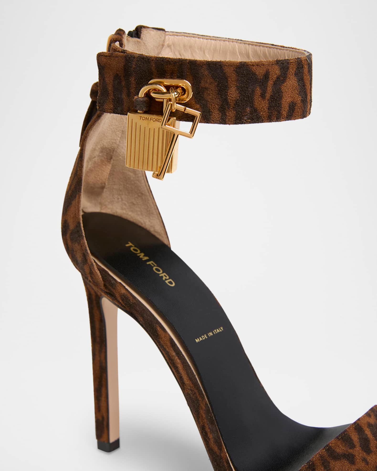 Leopard Suede Stiletto Sandals with Padlock Product Image