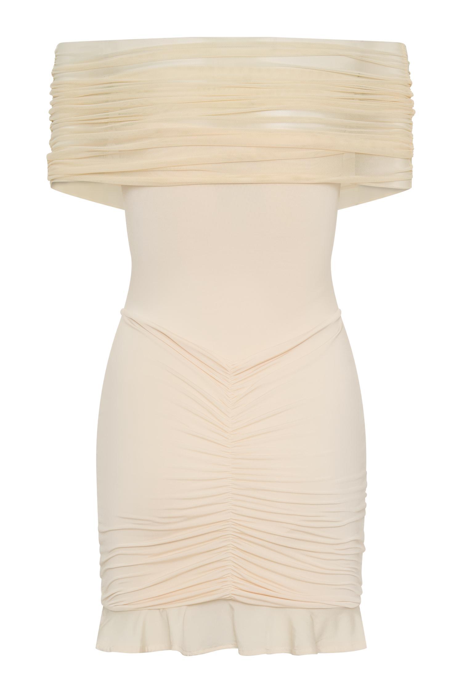 Caspian Slinky And Mesh Off Shoulder Mini Dress - Ivory Product Image
