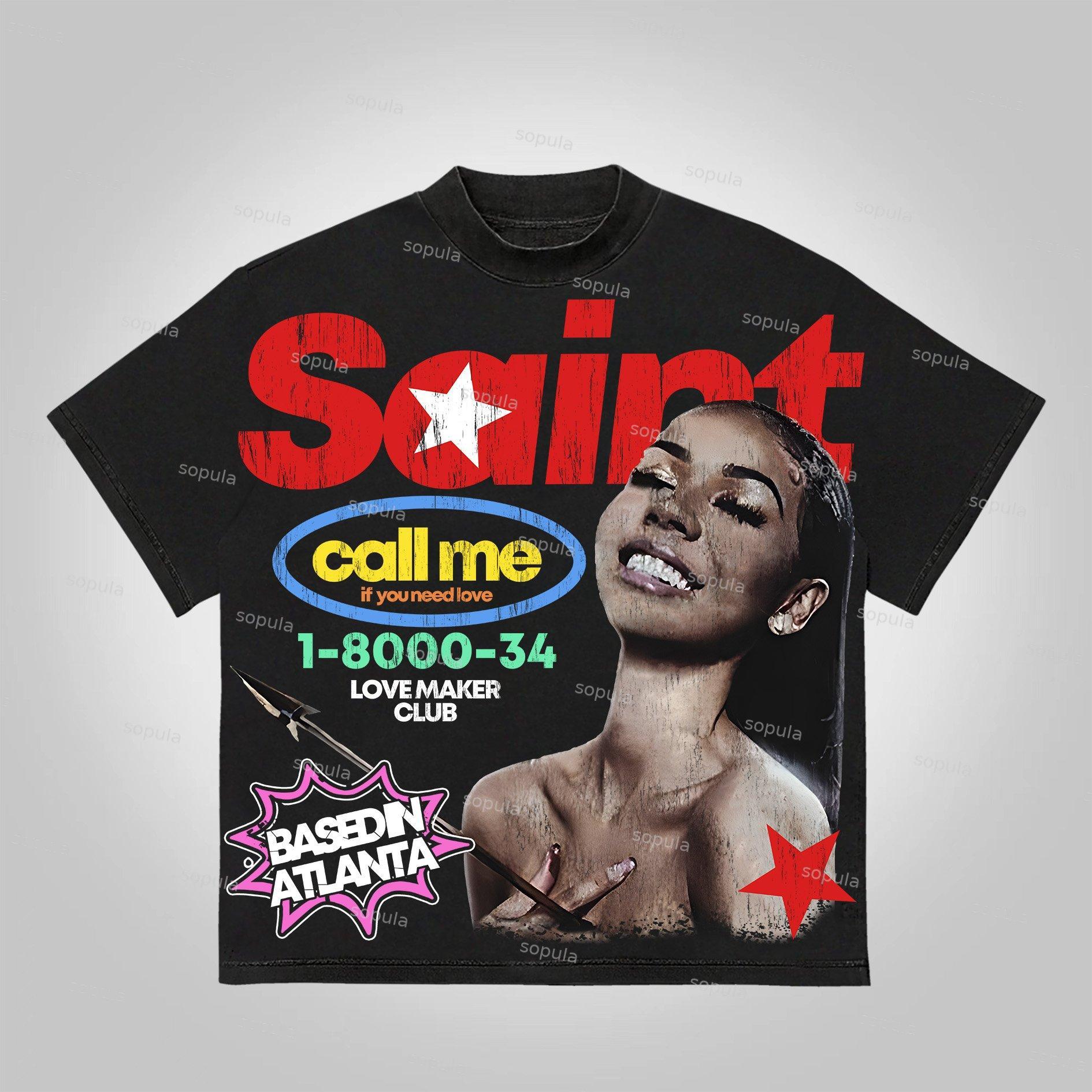 Sopula Vintage Saint Call Me If You Need Love Graphic Short T-Shirt Product Image