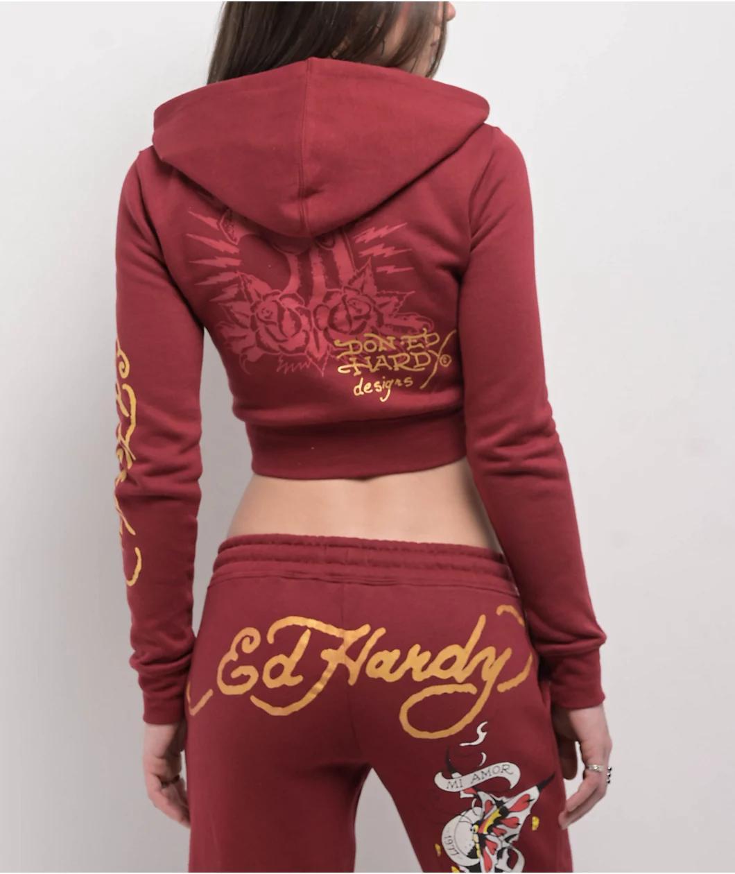 Ed Hardy Amor Butterfly Wine Crop Zip Hoodie Product Image