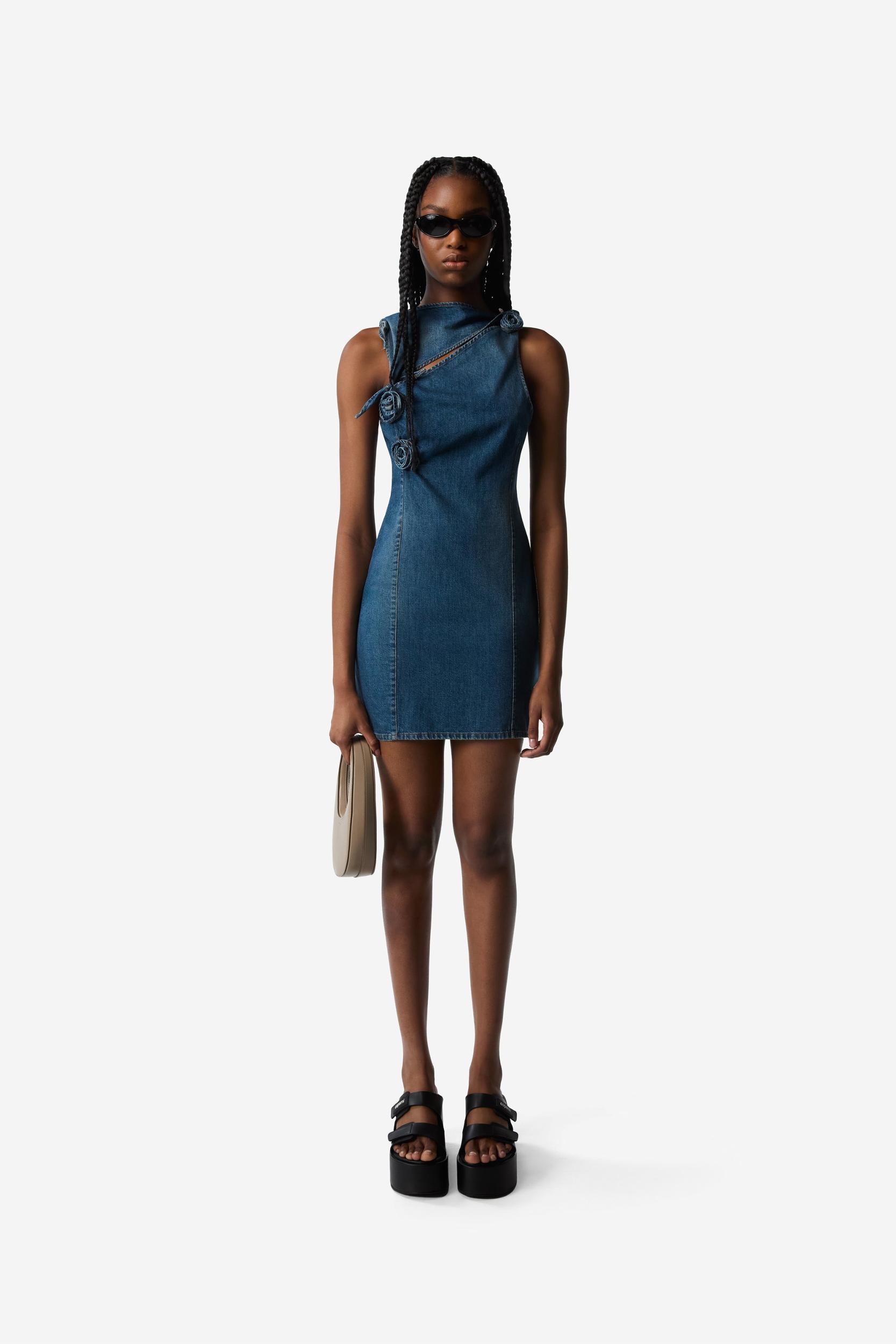 Denim Asymmetric Flower Mini Dress Product Image