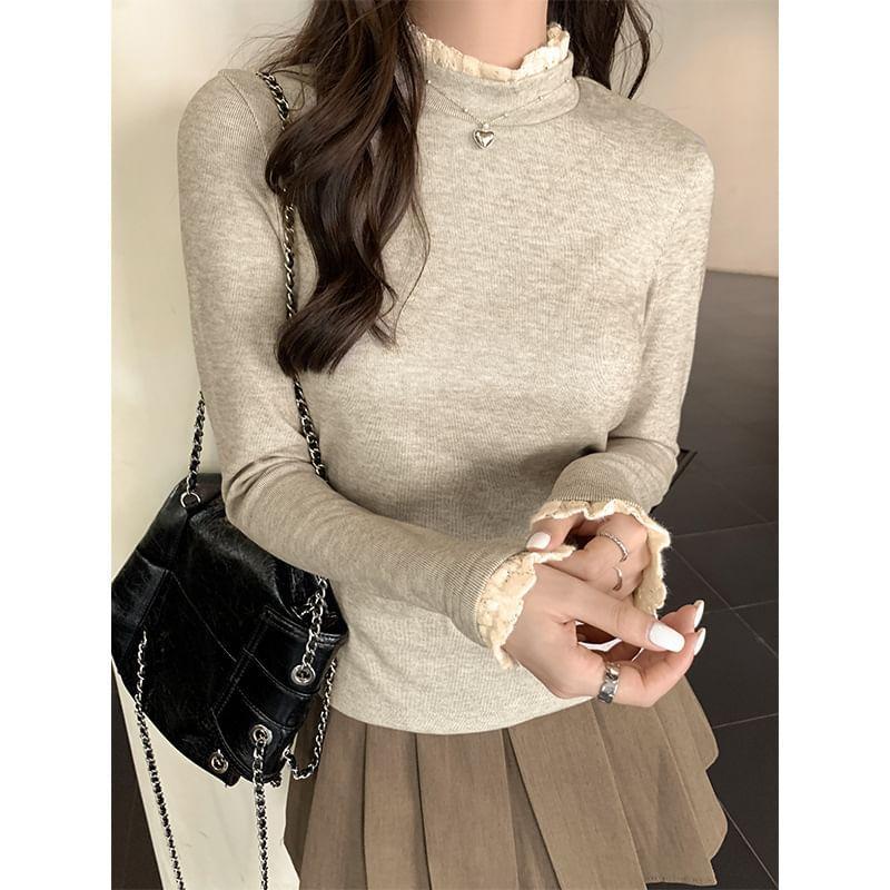 Long-Sleeve Mock Neck Plain Lace Trim T-Shirt Product Image