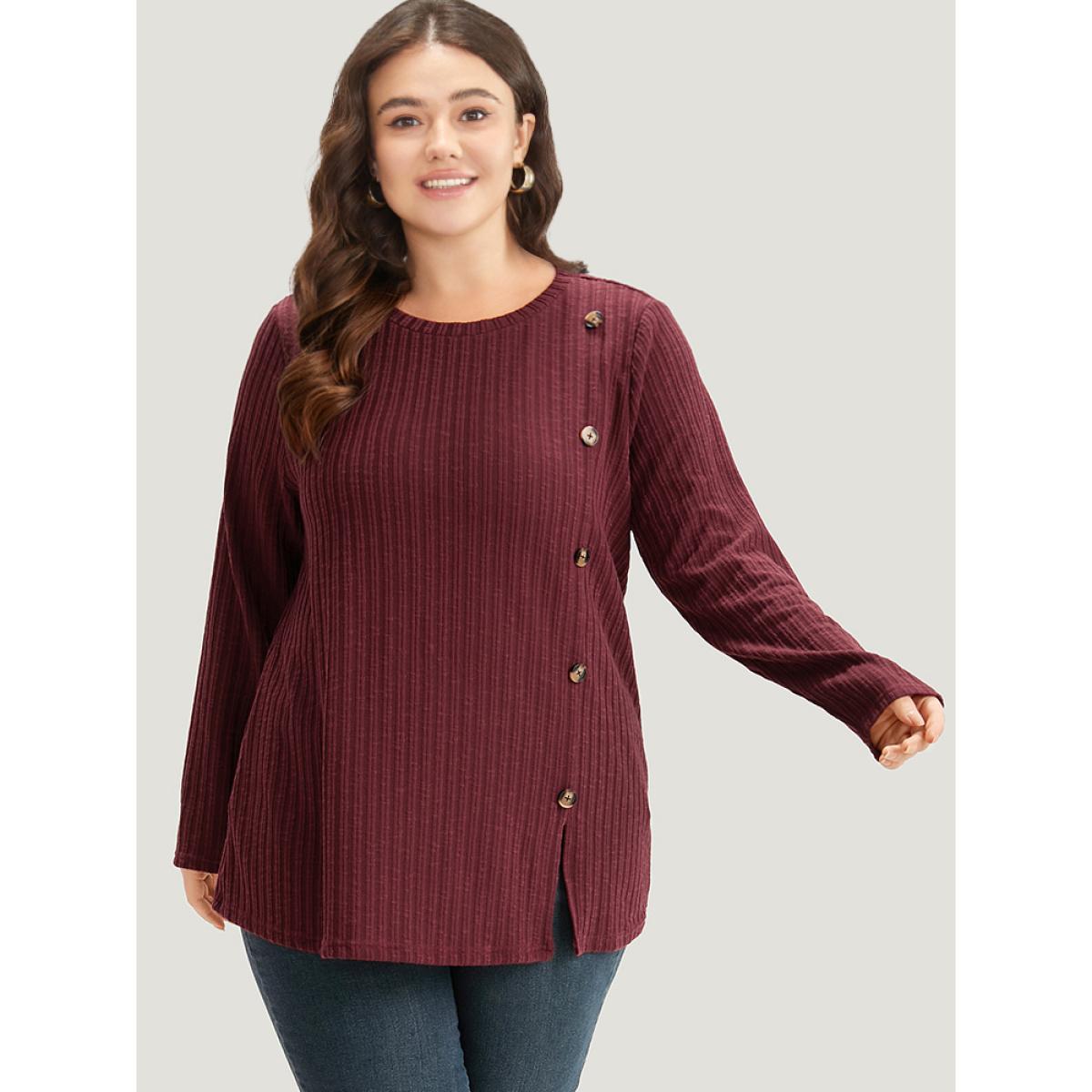 Plus Size Rib Knit Button Detail Split Side T-shirt ArmyGreen Women Casual Texture Plain Round Neck Dailywear T-shirts BloomChic 30/6X Product Image