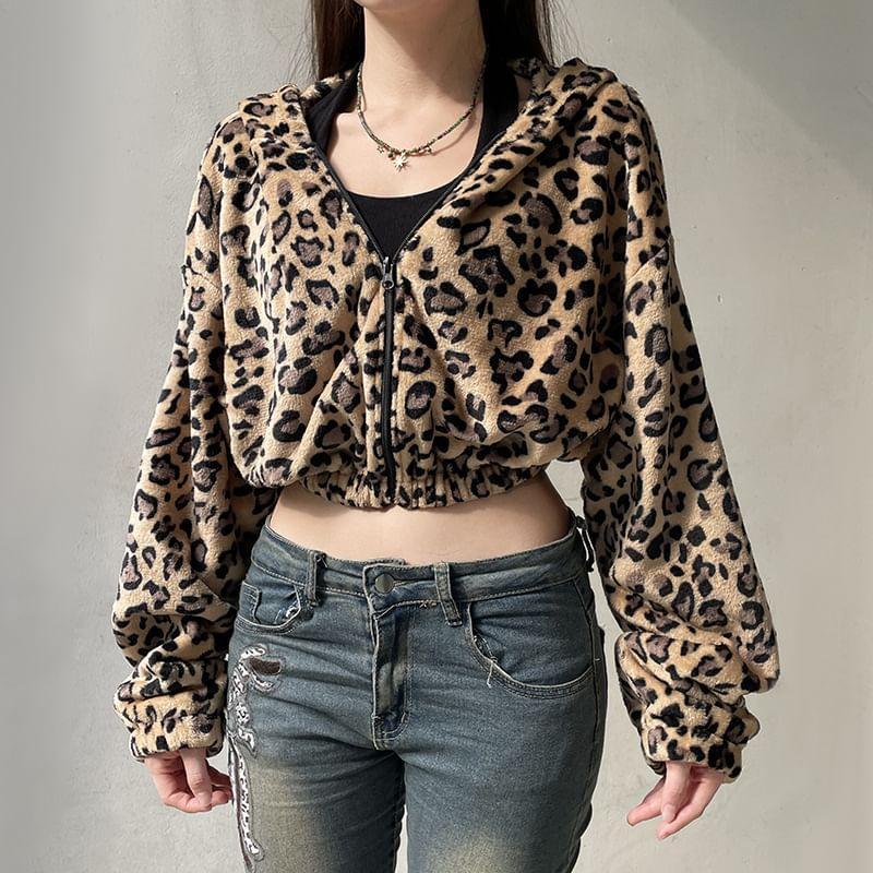 Leopard Zip Up Cropped Jacket Product Image