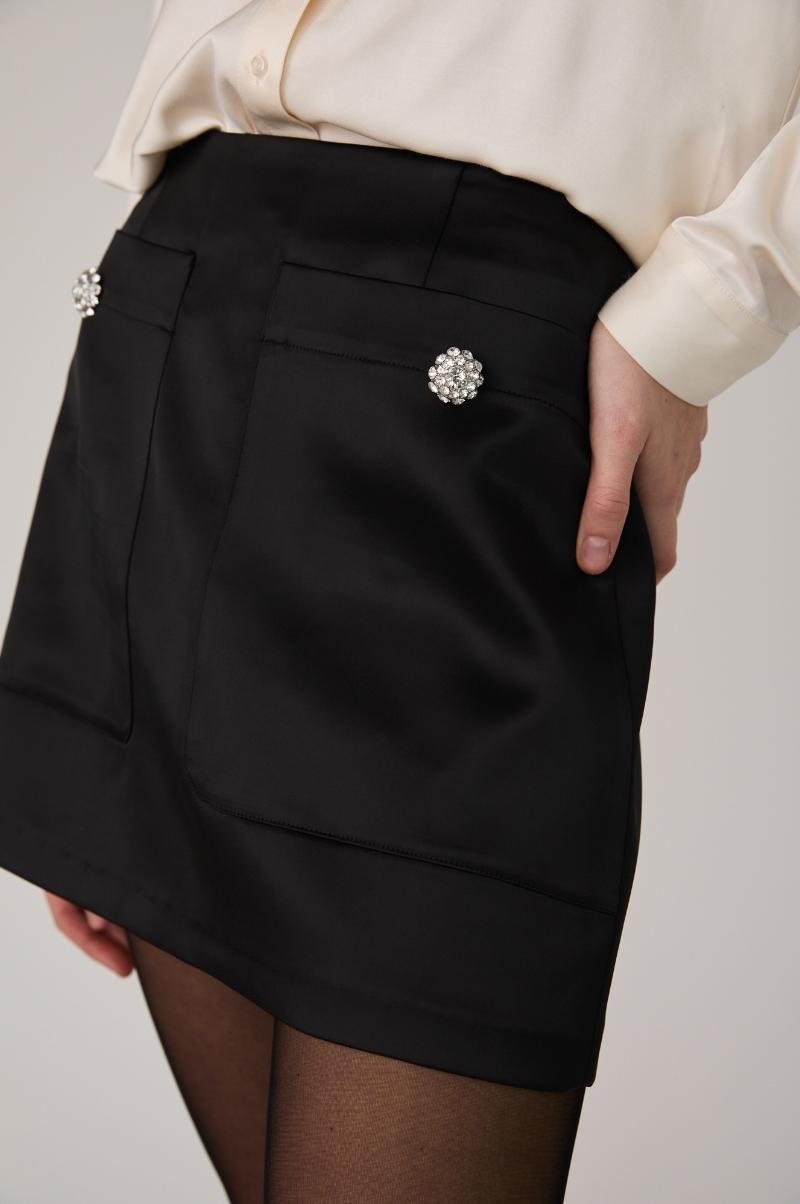 Carey Satin Embellished Skirt - Black Satin Product Image