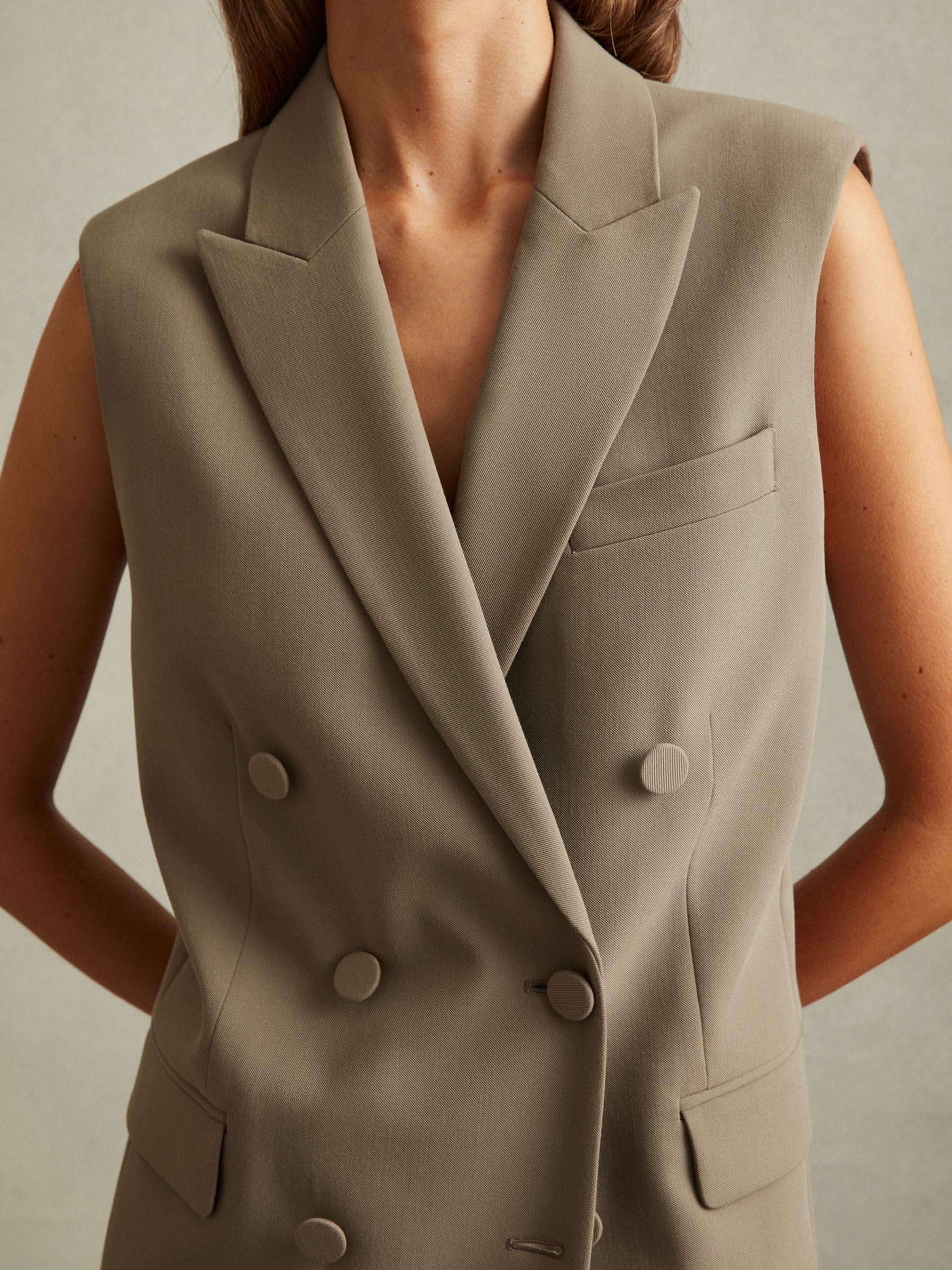 Double Breasted Longline Suit Waistcoat in Khaki Product Image