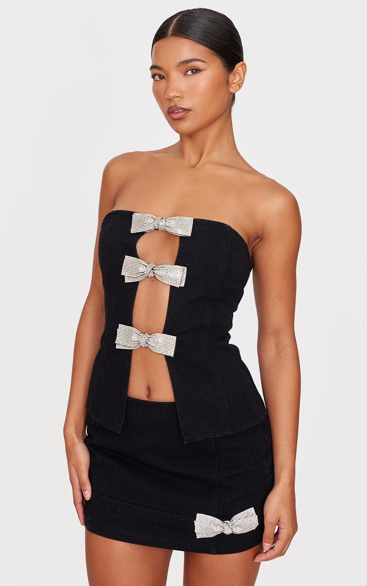 Black Diamante Bow Detail Denim Mini Skirt Product Image