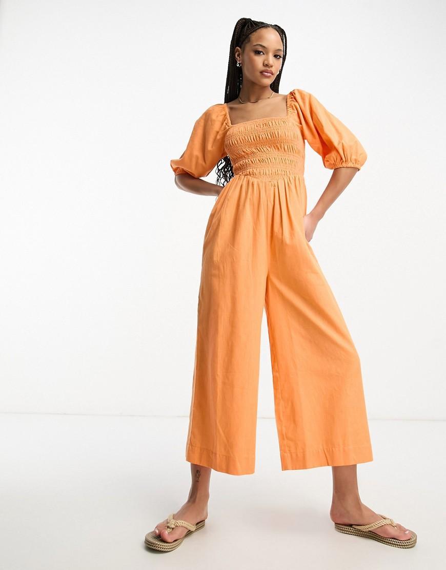 ASOS DESIGN linen look shirred puff sleeve jumpsuit Product Image