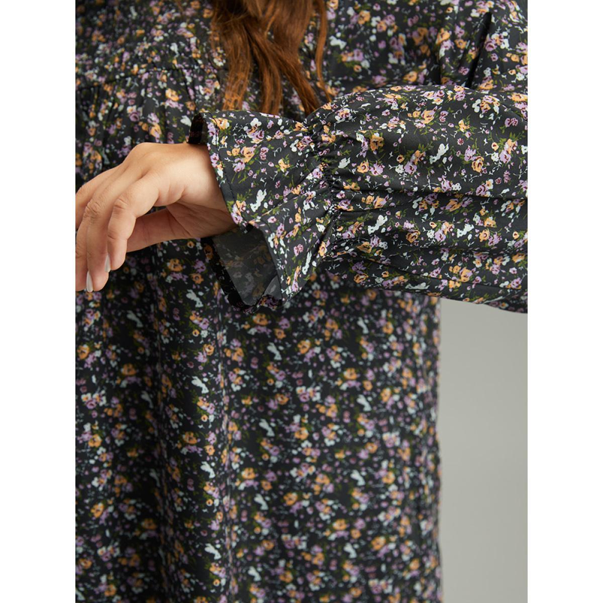 Plus Size Black Ditsy Floral Stand Collar Pleated Blouse Women Elegant Long Sleeve Stand-up collar Dailywear Blouses BloomChic 12/L Product Image