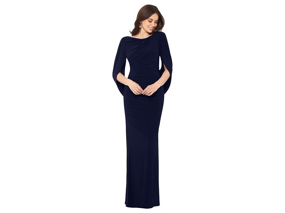 Betsy  Adam Cowl Neck Sleeveless Draped Back Mermaid Gown Product Image