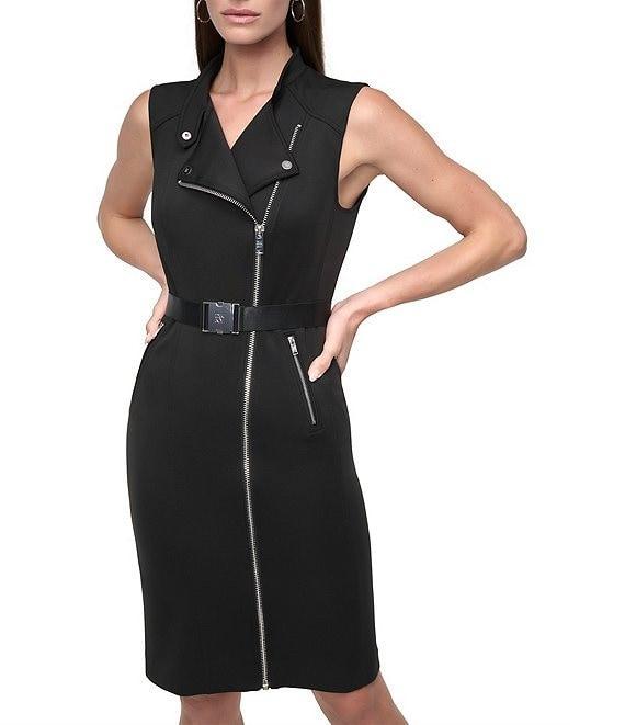 DKNY by Donna Karan Knit Notch Collar Neck Sleeveless Buckle Belt Front Zipper Sheath Mini Dress Product Image
