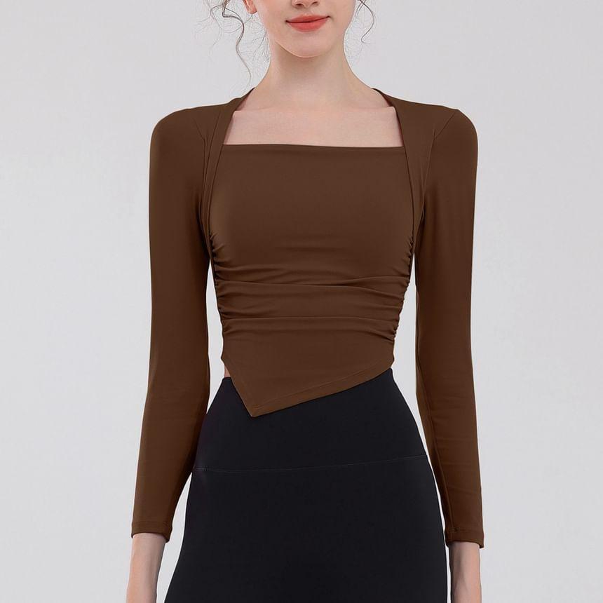 Long-Sleeve Asymmetrical Plain Sports Crop Top Product Image