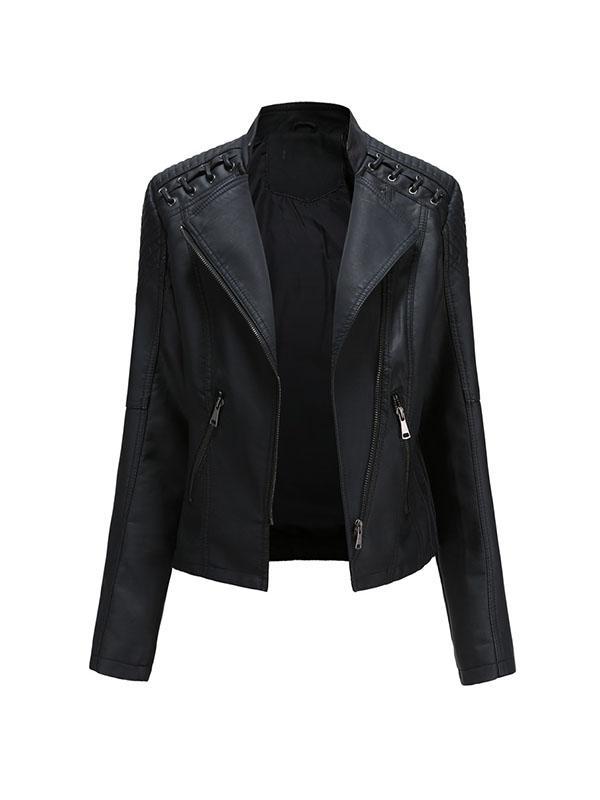 Long Sleeves Split-Joint Zipper Mock Neck PU Jackets Outerwear Product Image