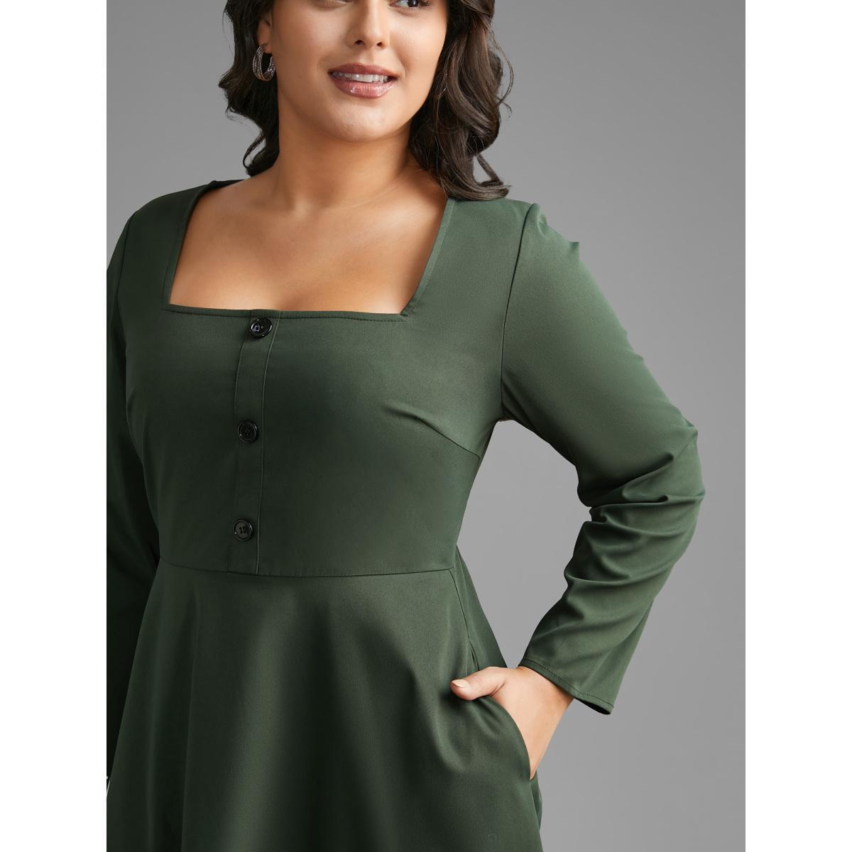 Plus Size Square Neck Plain Button Detail Dress DarkGreen Women At the Office Button Square Neck Long Sleeve Curvy BloomChic 28/5X Product Image