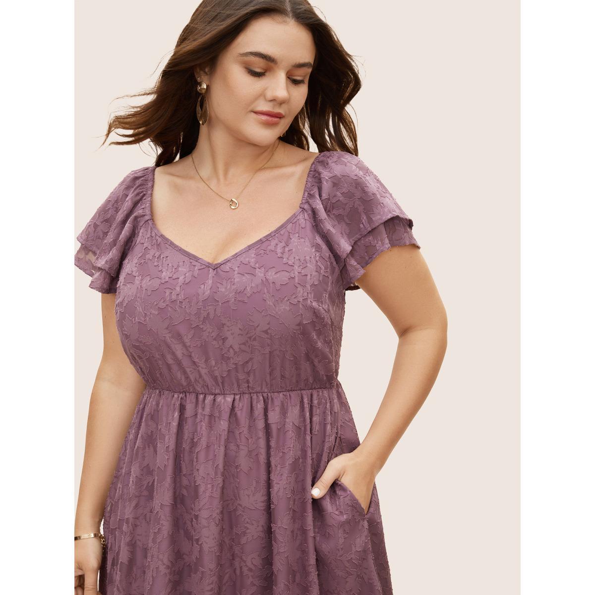 Plus Size Heart Neckline Jacquard Tiered Ruffle Sleeve Dress Mauve Women Elegant Texture V-neck Cap Sleeve Curvy BloomChic 22-24/3X Product Image