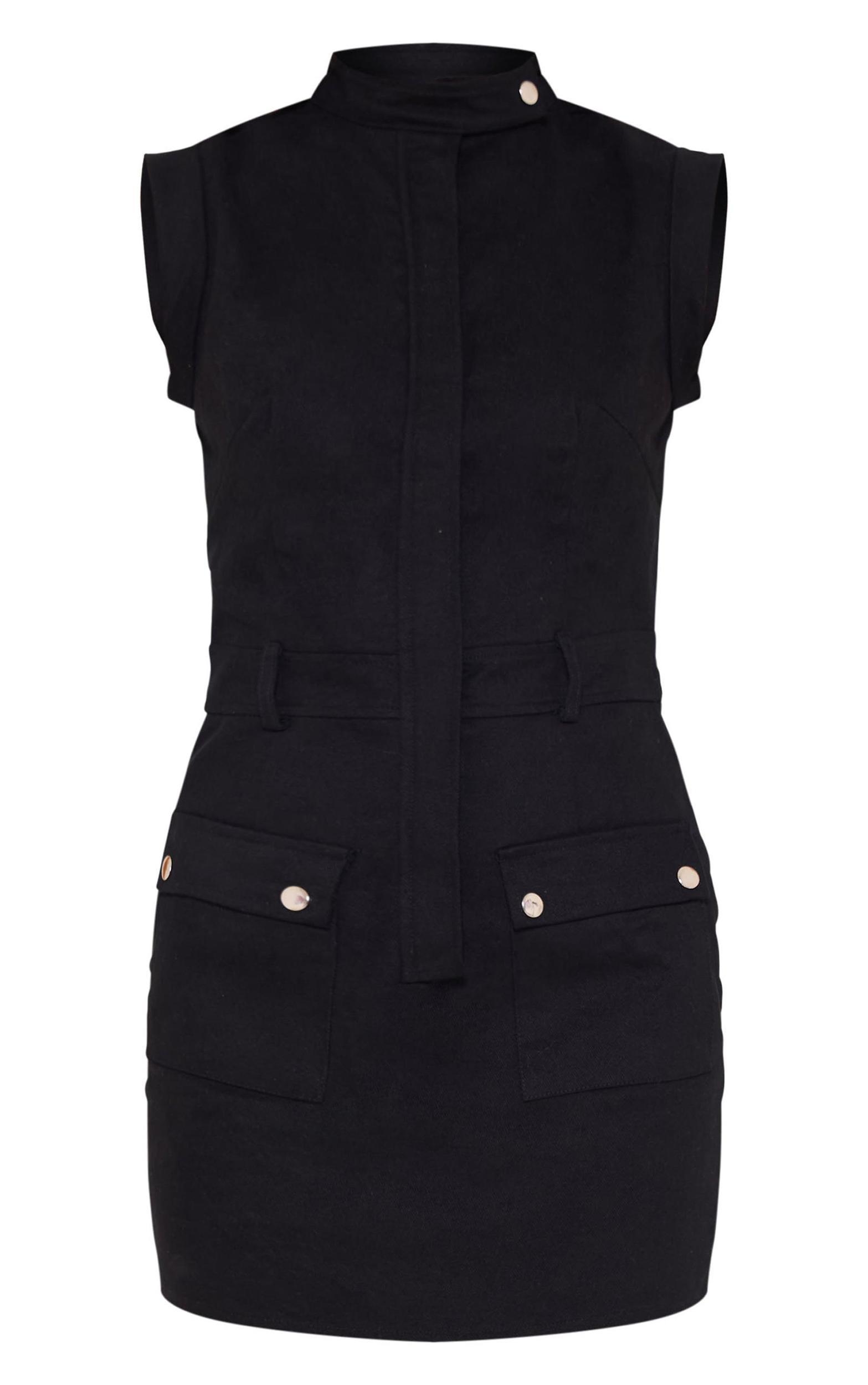 Black Premium Cargo Twill Pocket Detail Bodycon Dress Product Image