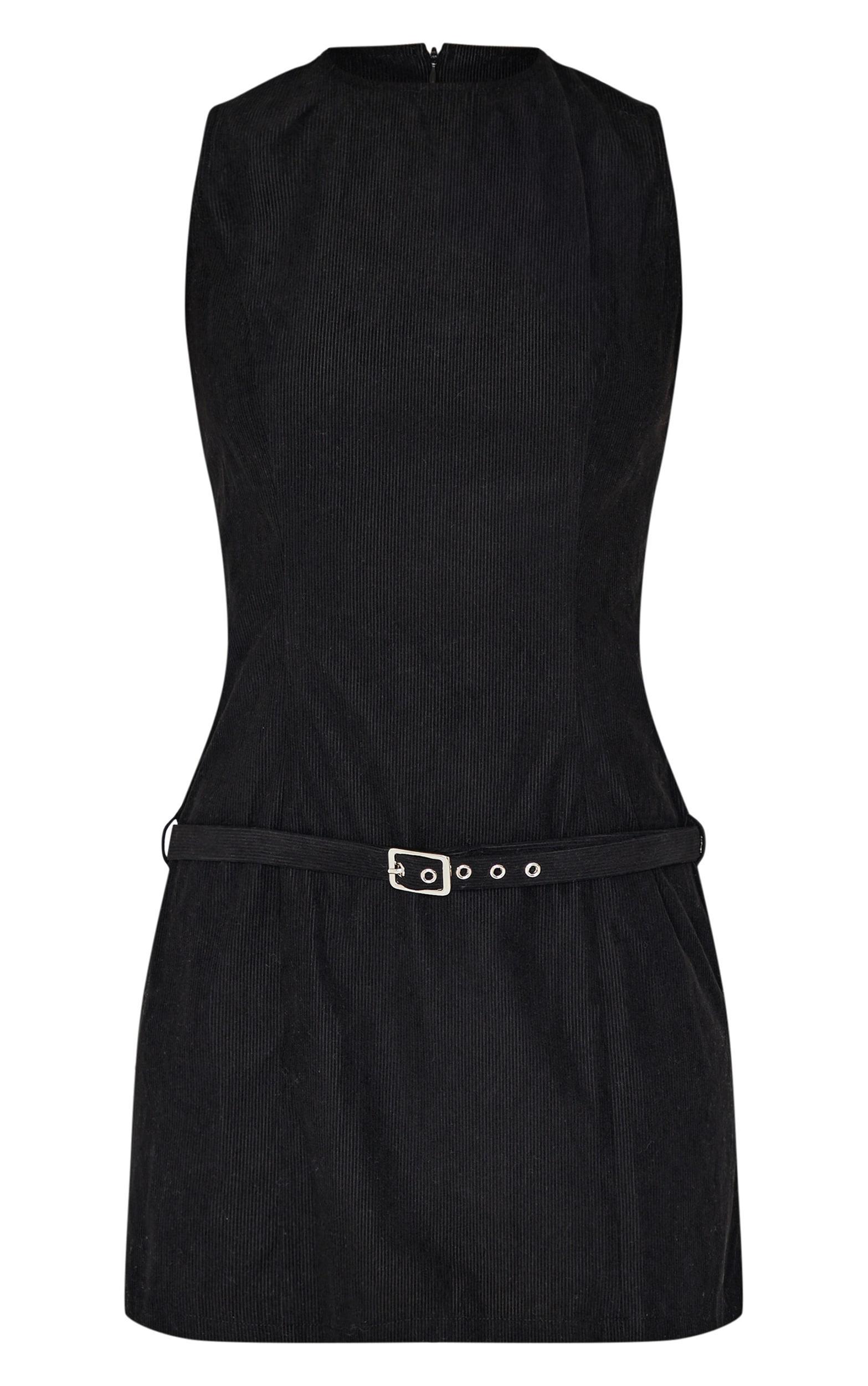 Black Corduroy Belted Shift Dress Product Image