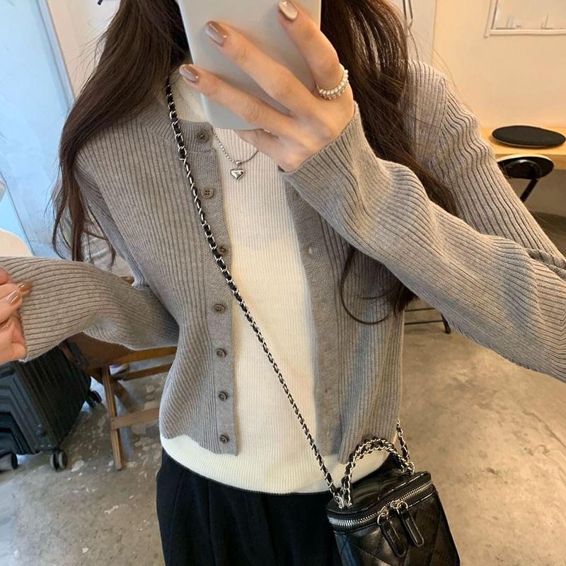 Long Sleeve Mock Neck Mock Two Piece Button Up Ribbed Knit Top Product Image