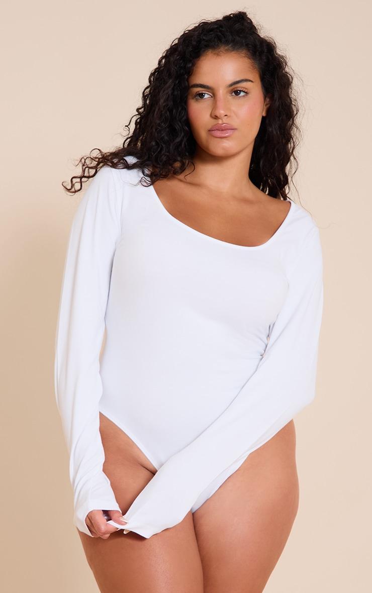 Plus White Soft Cotton Scoop Neck Long Sleeve Bodysuit Product Image