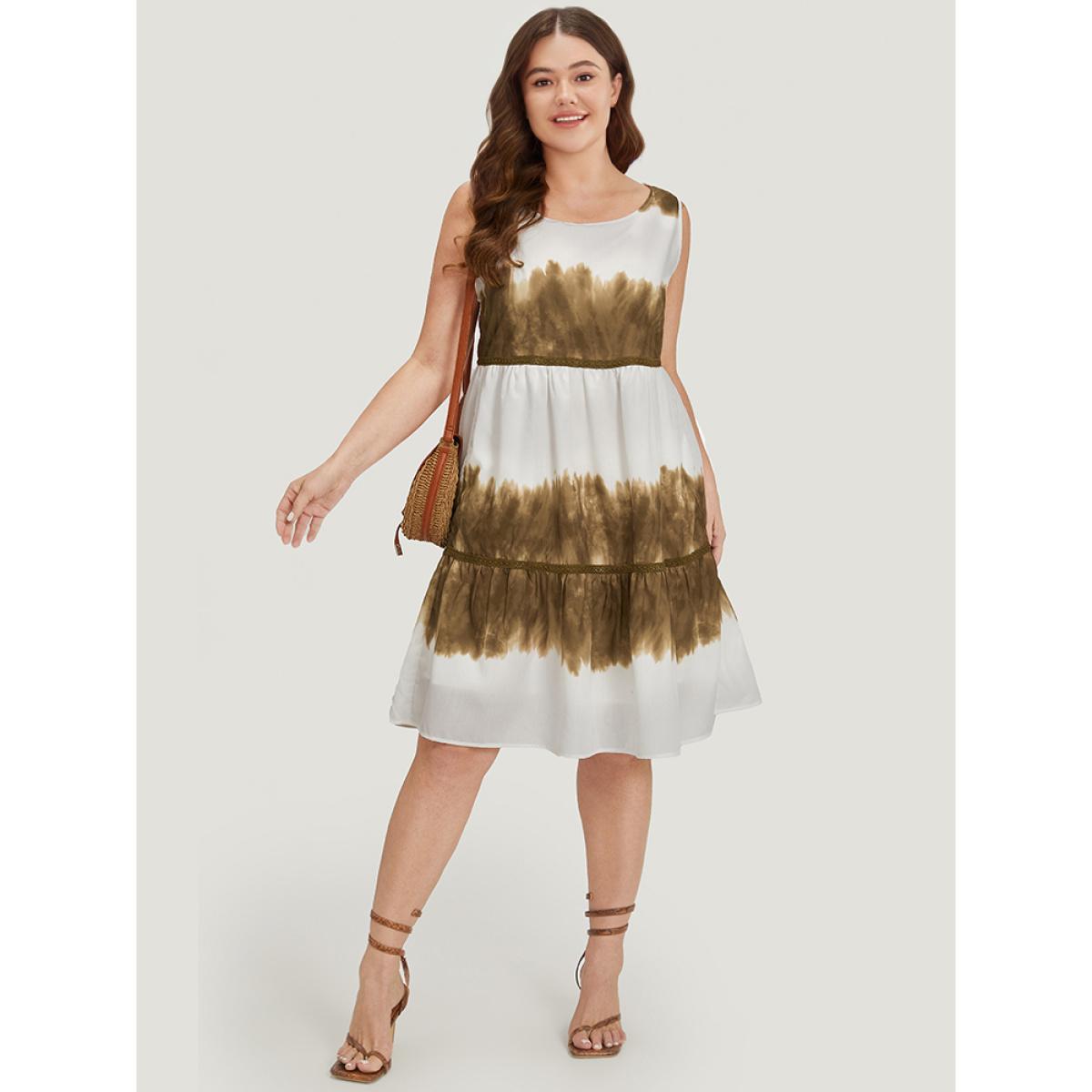 Plus Size Tie Dye Crochet Lace Ruffle Layered Hem Tank Dress Tan Women Elegant Patchwork Round Neck Sleeveless Curvy Knee Dress BloomChic 10/M Product Image