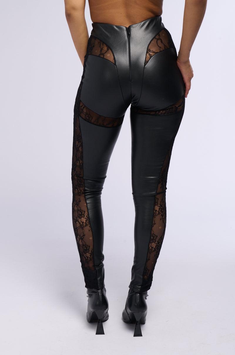LACE DETAIL PANELED FAUX LEATHER LEGGINGS IN BLACK Product Image