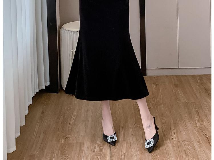 Long Sleeve Mock Neck Plain Lace Panel Velvet Mermaid  Midi Dress Product Image