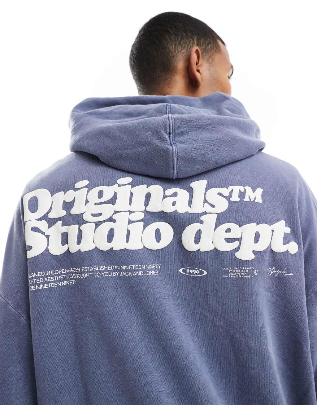 Jack & Jones oversized Originals back print hoodie in washed blue Product Image
