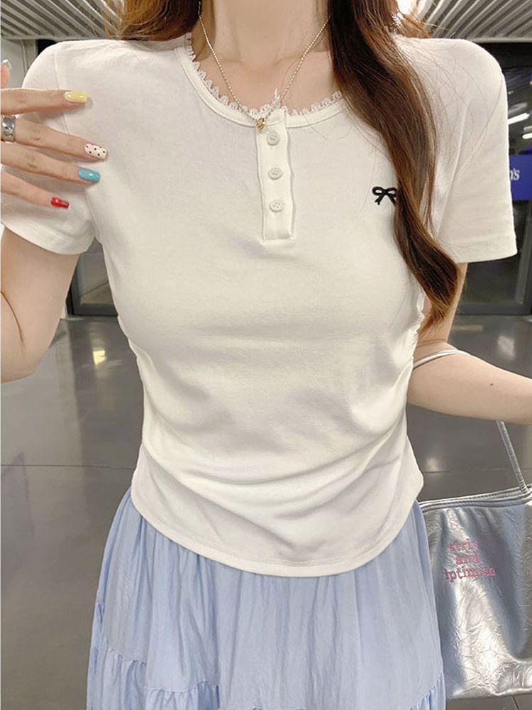 Short Sleeve Lace-Trim Half-Button Bow Embroidered Slim-Fit Top Product Image