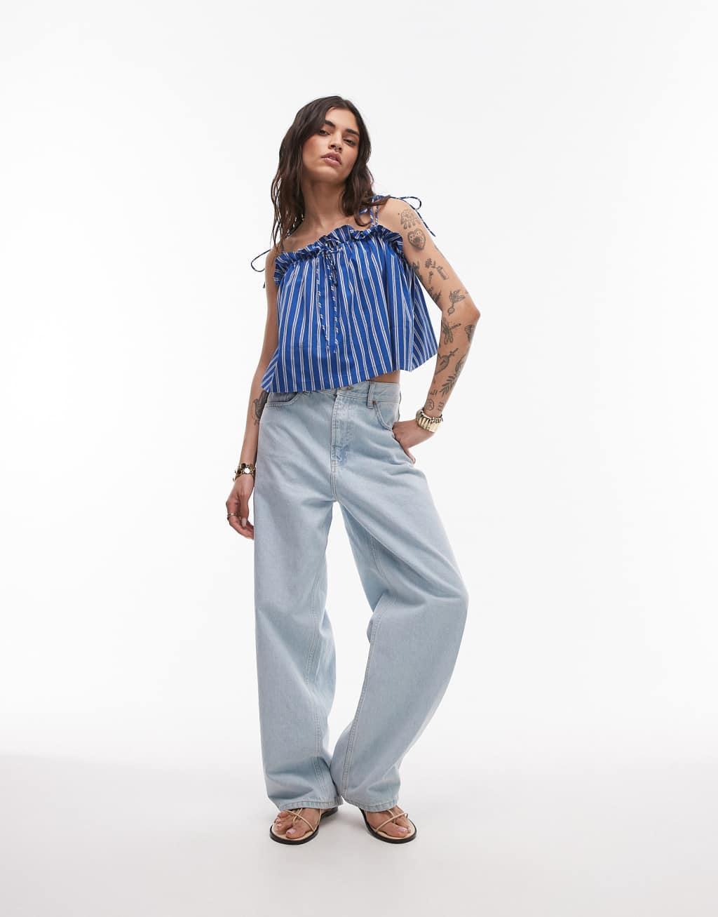 Topshop ruched off the shoulder top in blue stripe Product Image