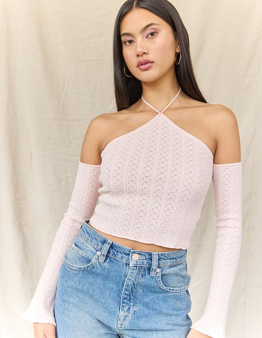 WEST OF MELROSE Long Sleeve Off The Shoulder Y Neck Open Knit Womens Sweater - PINK Product Image