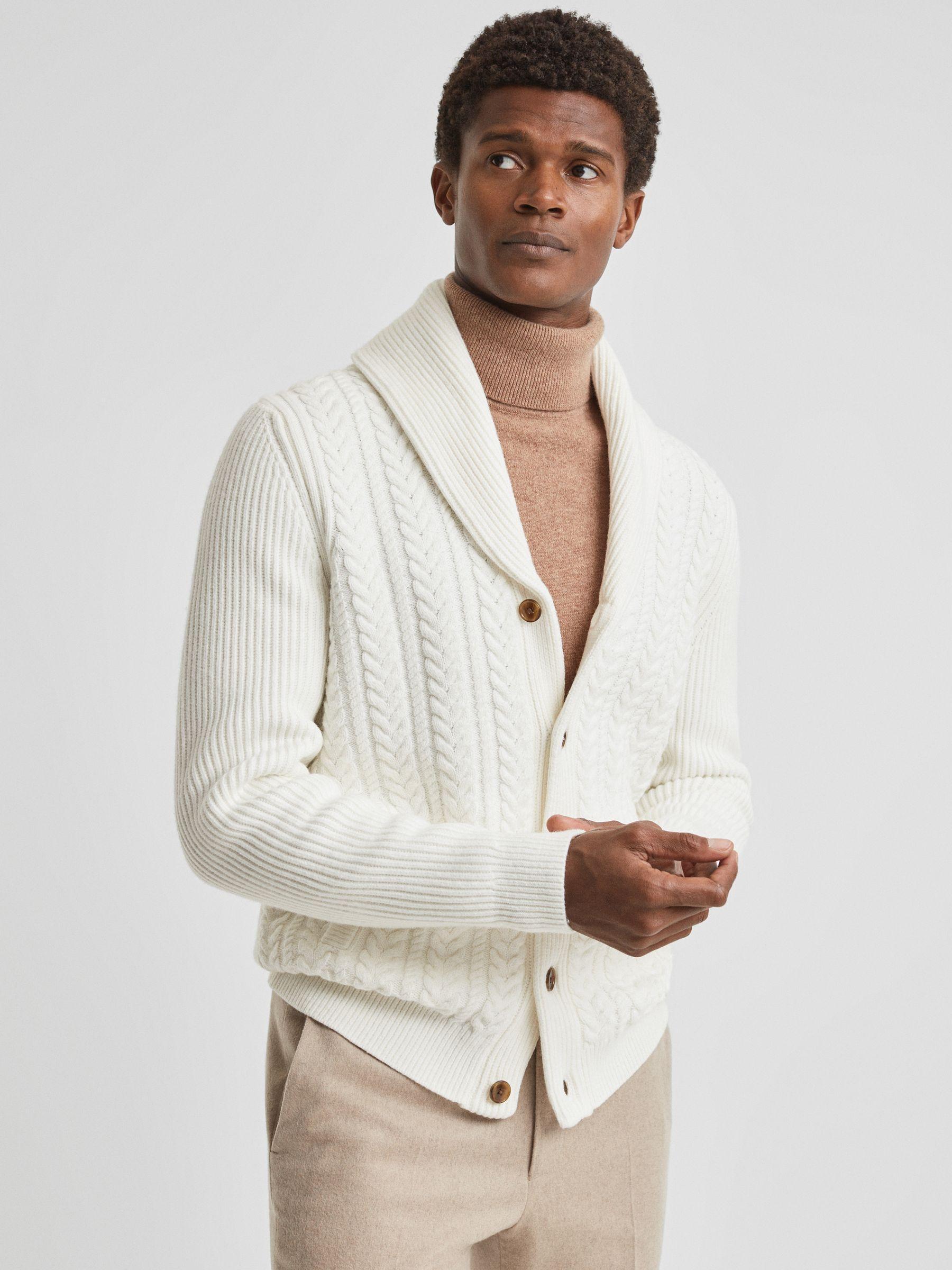 Cotton Blend Cable Knit Cardigan in Ecru Product Image