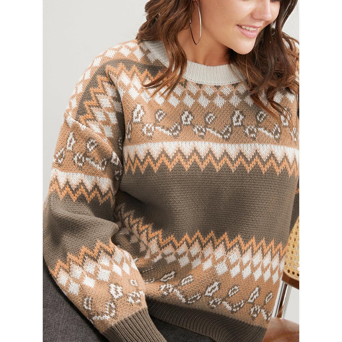 Plus Size Bandana Pointelle Knit Contrast Geometric Jacquard Knit Top Multicolor Women Casual Long Sleeve Round Neck Dailywear Pullovers BloomChic 10/M Product Image