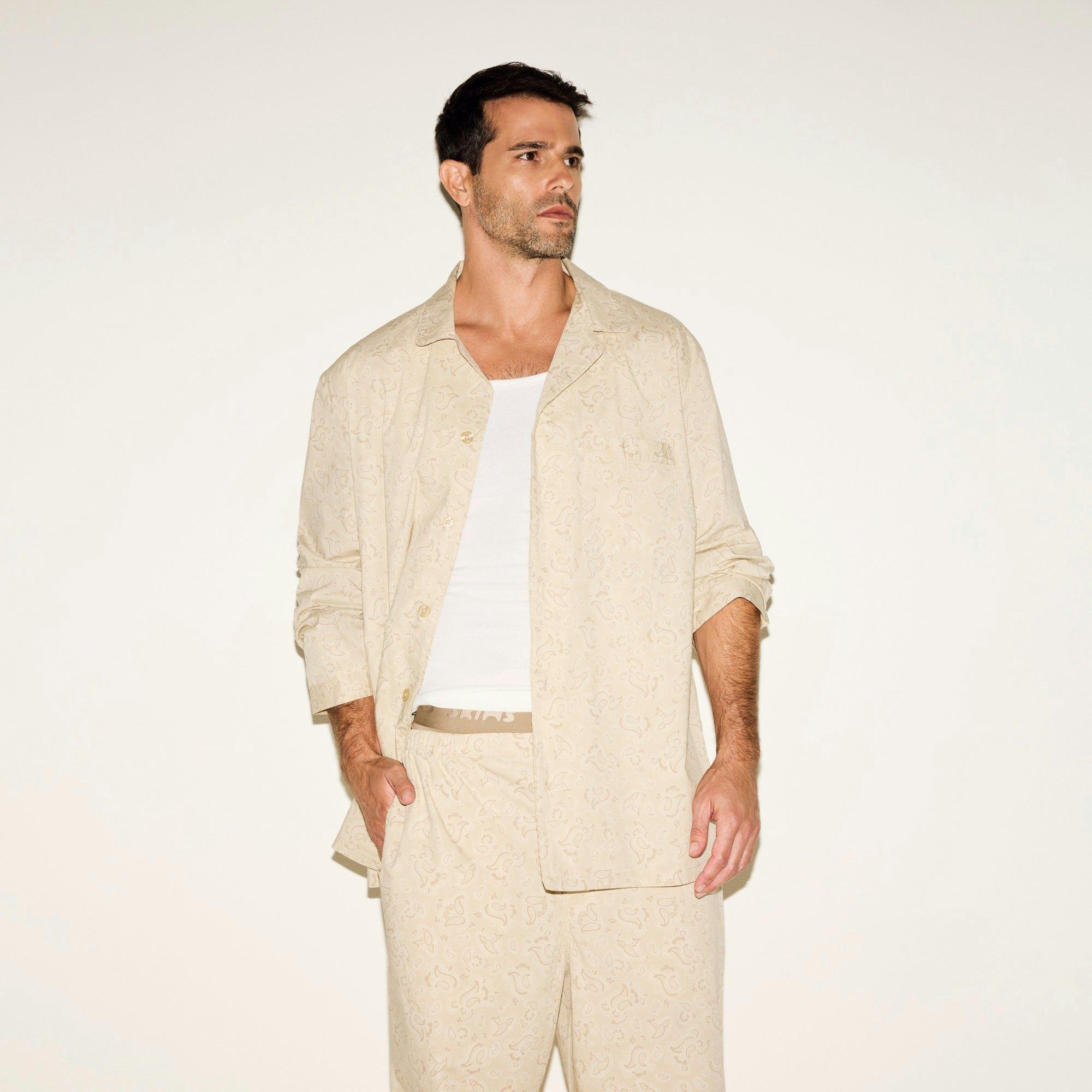 COTTON POPLIN MENS LONG SLEEP SET | TAN PAISLEY PRINT Product Image