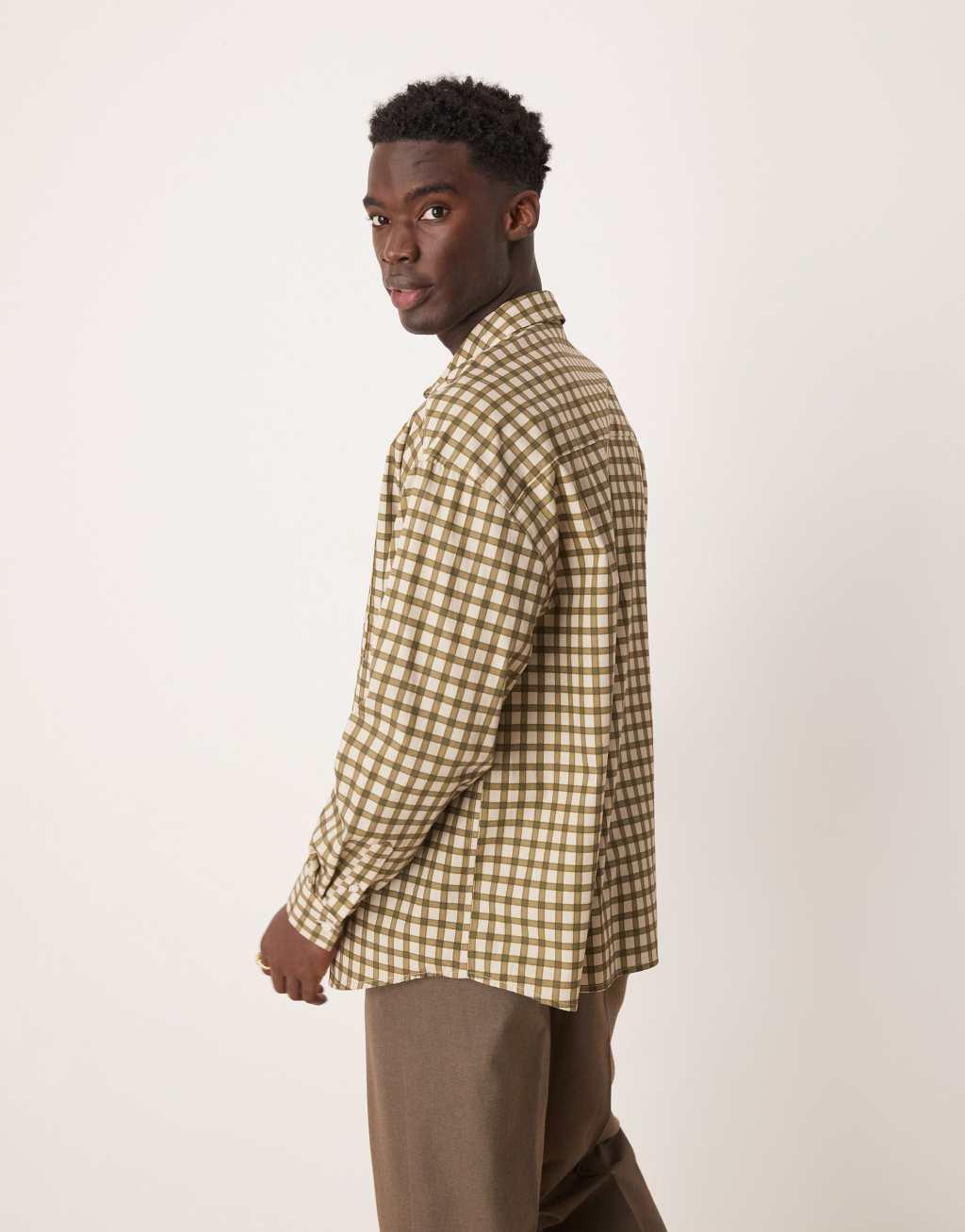ASOS DESIGN extreme oversized shirt in khaki plaid Product Image