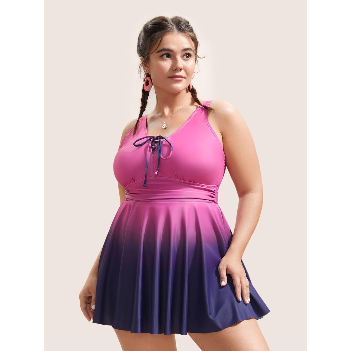 Plus Size Ombre Contrast Ruched Lace Up Swim Dress Women's Swimwear RedViolet Beach Bodycon V-neck High stretch Curve Swim Dresses BloomChic 22-24/3X Product Image