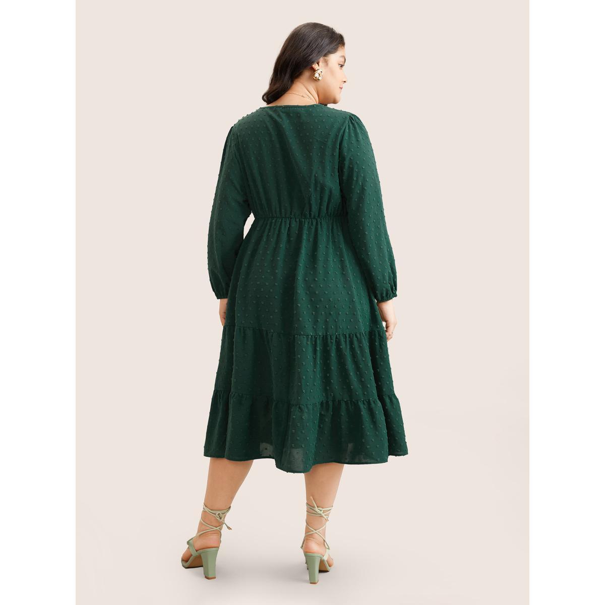 Plus Size Floral Embroidered Textured Ruffle Layered Hem Dress Emerald Women Vacation Elastic cuffs Round Neck Long Sleeve Curvy Midi Dress BloomChic 10/M Product Image