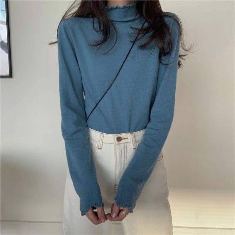 Long Sleeve Turtleneck Plain Ruffle Hem Knit Top Product Image