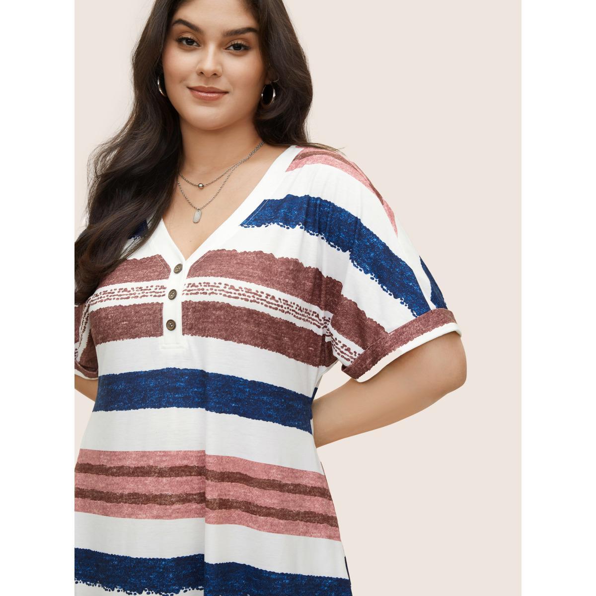 Plus Size Contrast Striped Button Detail Pocket Dress Multicolor Women Casual Non V-neck Short sleeve Curvy Midi Dress BloomChic 12/L Product Image