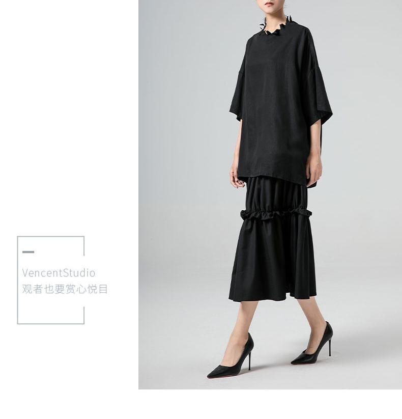 3/4-Sleeve Asymmetrical Neck Plain Oversized T-Shirt Product Image