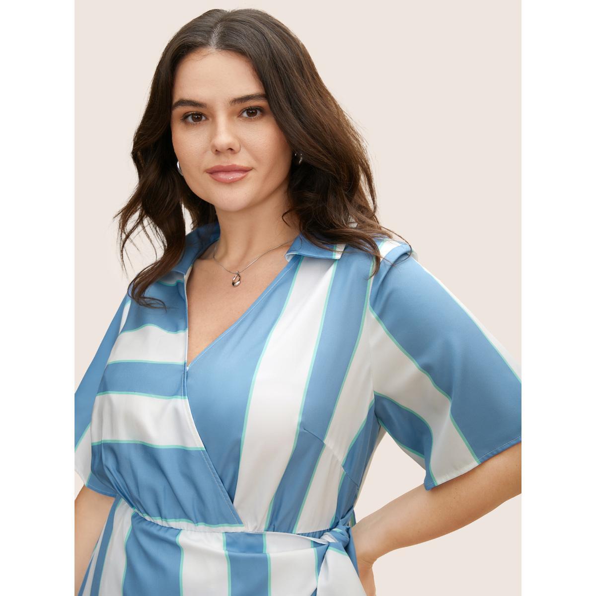 Plus Size Geometric Surplice Neck Tie Knot Midi Dress Stone Women At the Office Tie knot Shirt collar Short sleeve Curvy BloomChic 14-16/1X Product Image