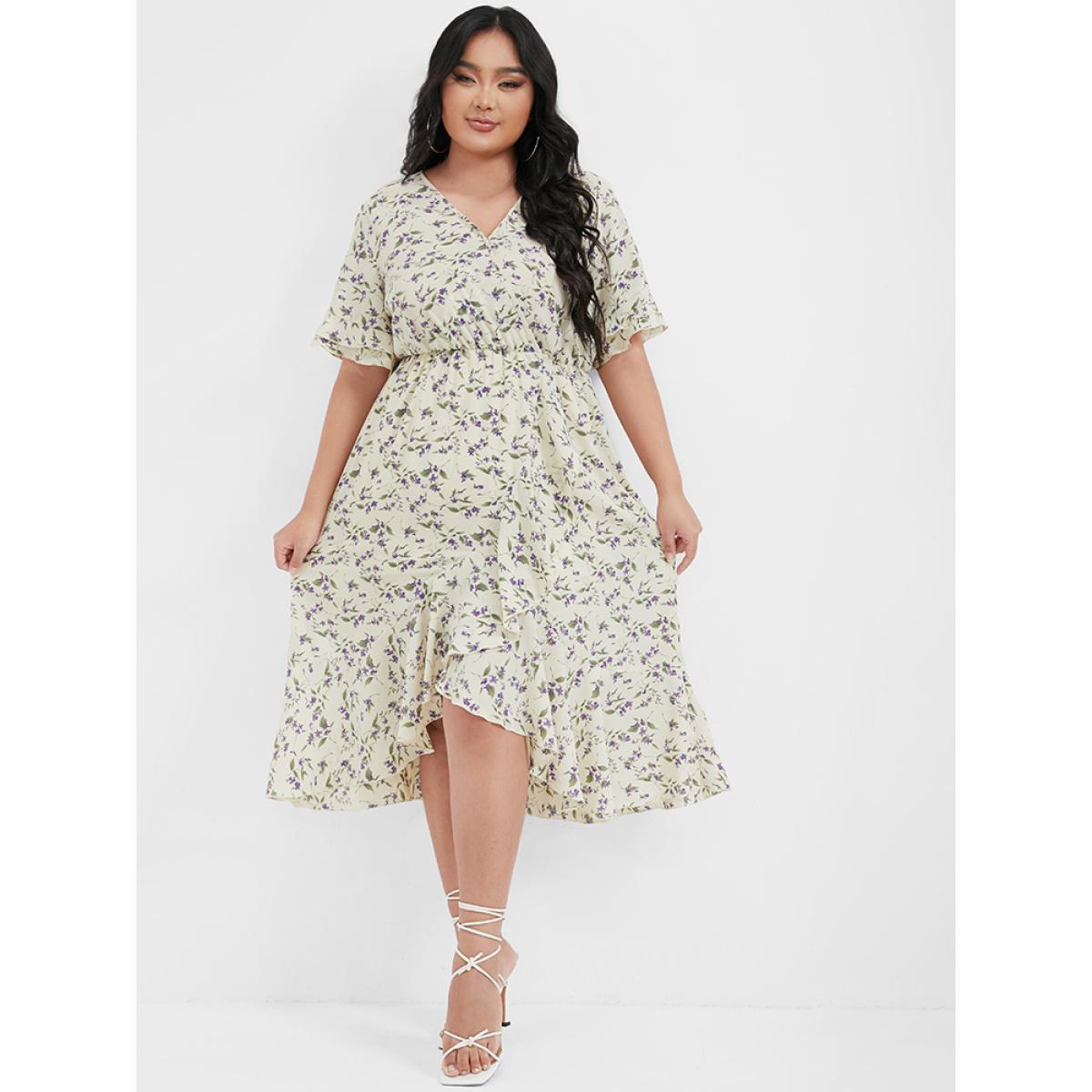 Plus Size Ditsy Floral Arc Hem Ruffled Wrap Dress Apricot Women Elegant Printed V-neck Short sleeve Curvy Midi Dress BloomChic 22-24/3X Product Image